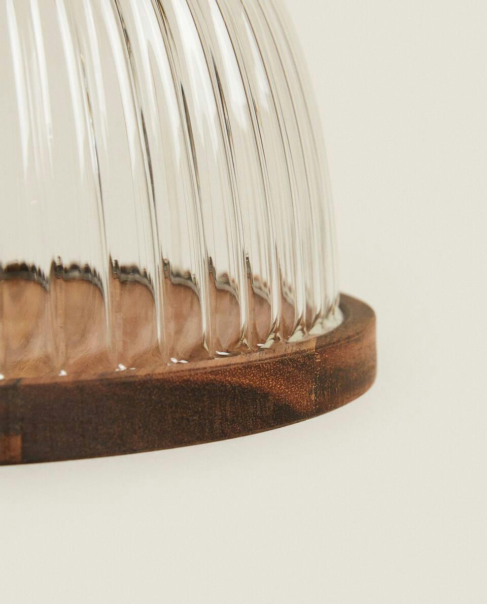 WOODEN AND GLASS CAKE PLATE