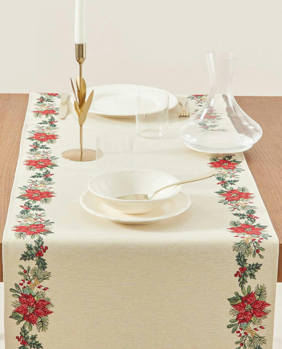 CHRISTMAS POINSETTIA JACQUARD COTTON TABLE RUNNER