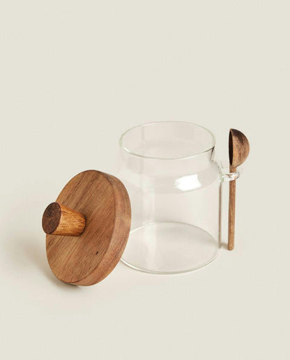 BOROSILICATE GLASS AND WOODEN SUGAR BOWL