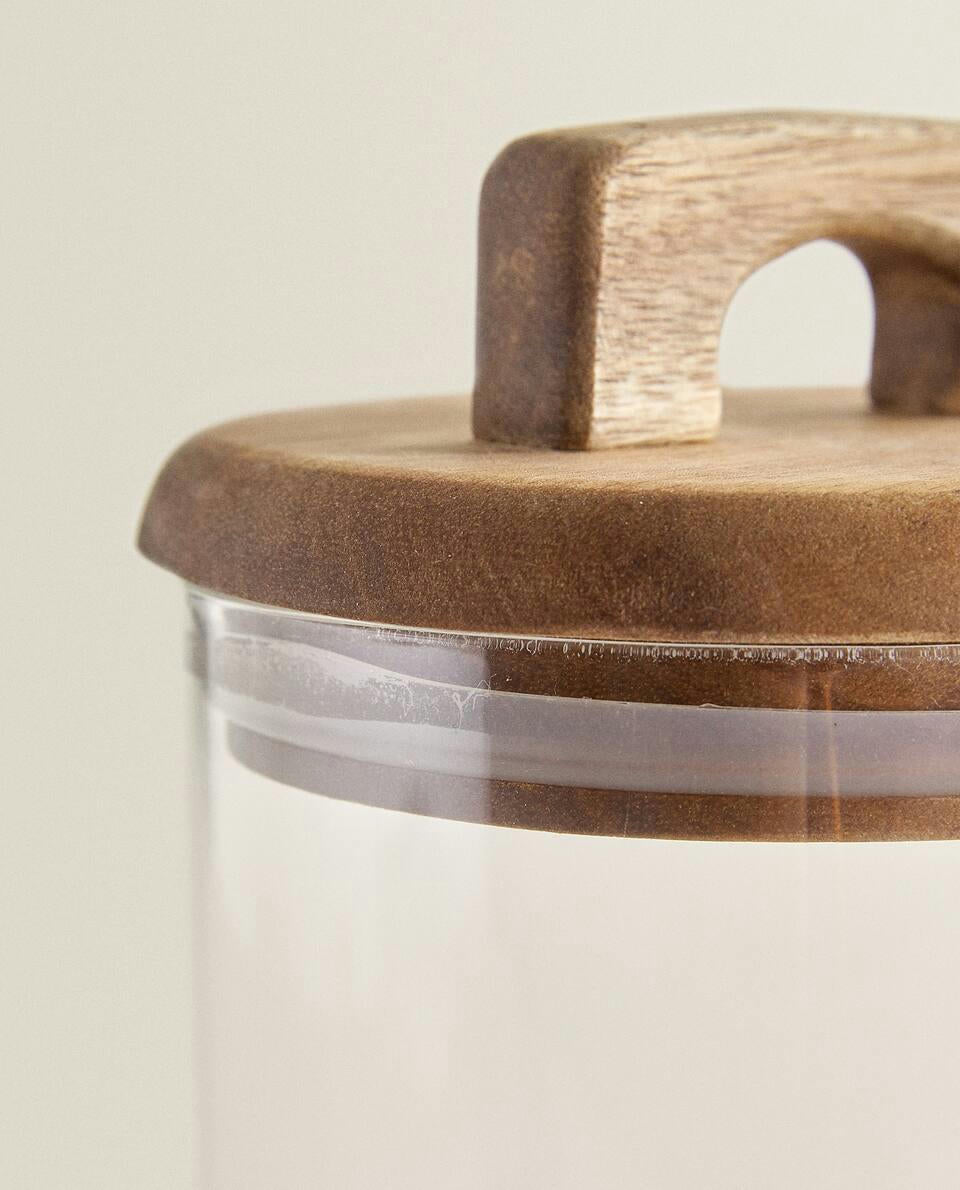 BOROSILICATE GLASS AND WOOD STORAGE JAR