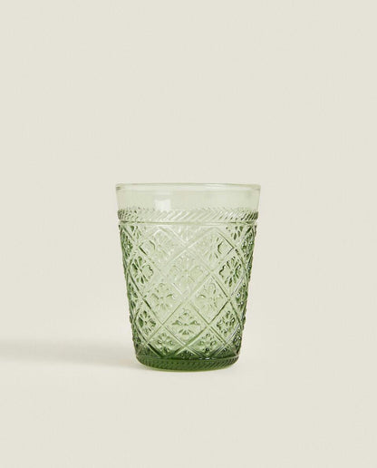 RAISED FLORAL DESIGN GLASS TUMBLER